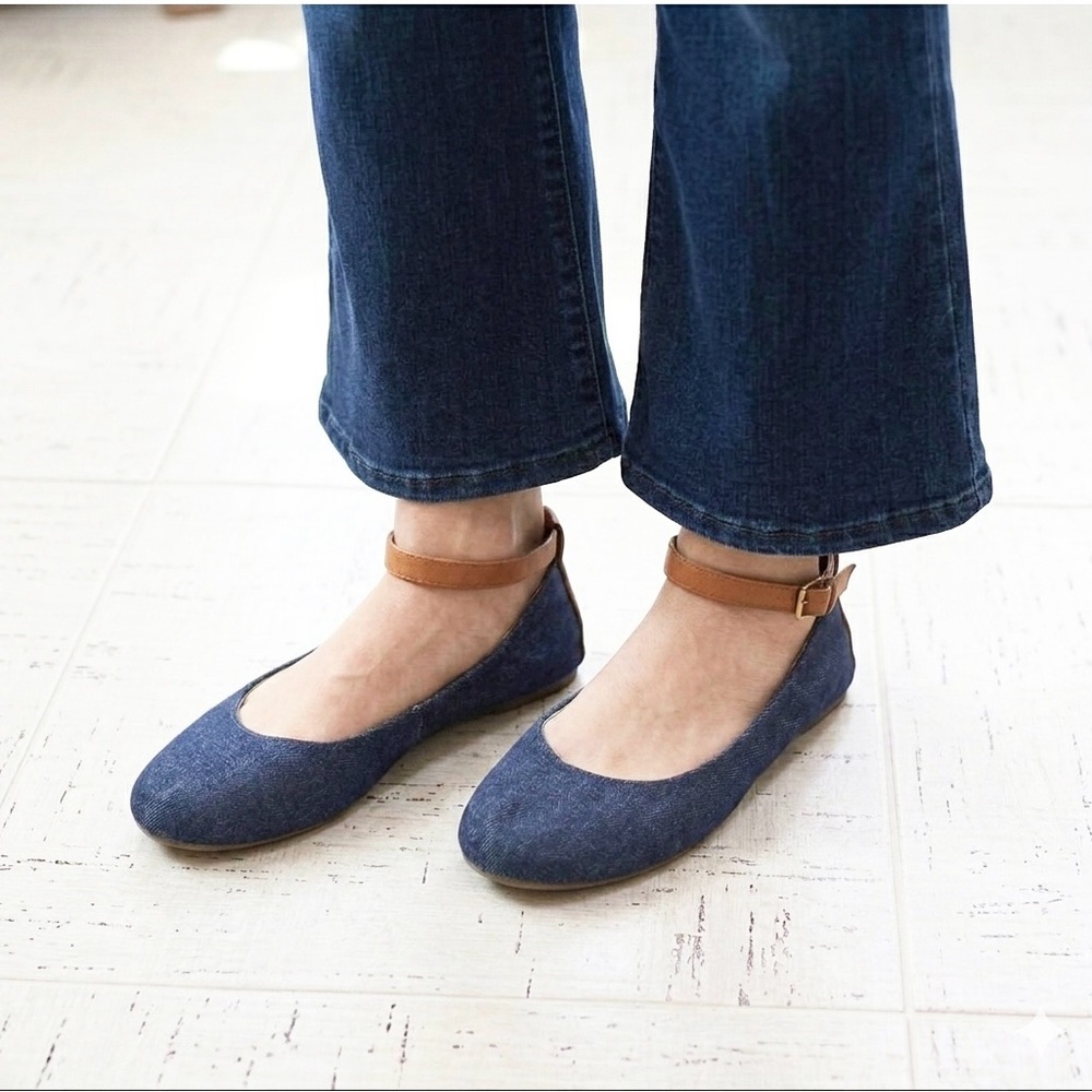 American Eagle Denim Ballet Flats Faux Leather Ankle Straps Shoes 6 1/2